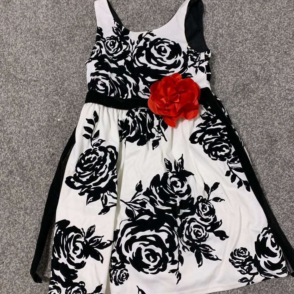 Black & White Rose Dress with Strap and Red Rose